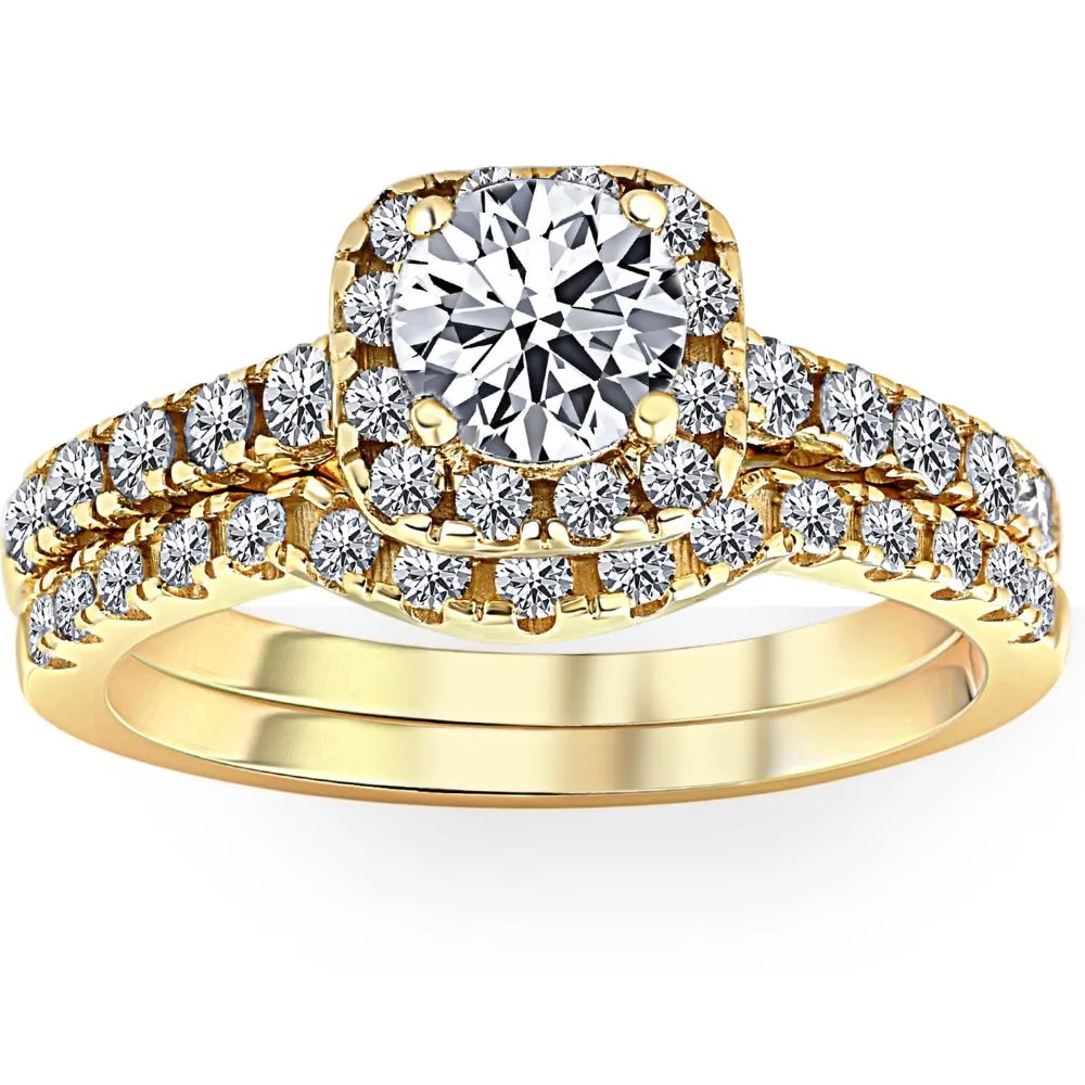 1 1/4Ct Diamond Cushion Halo Engagement Wedding Ring Set 10k Yellow Gold