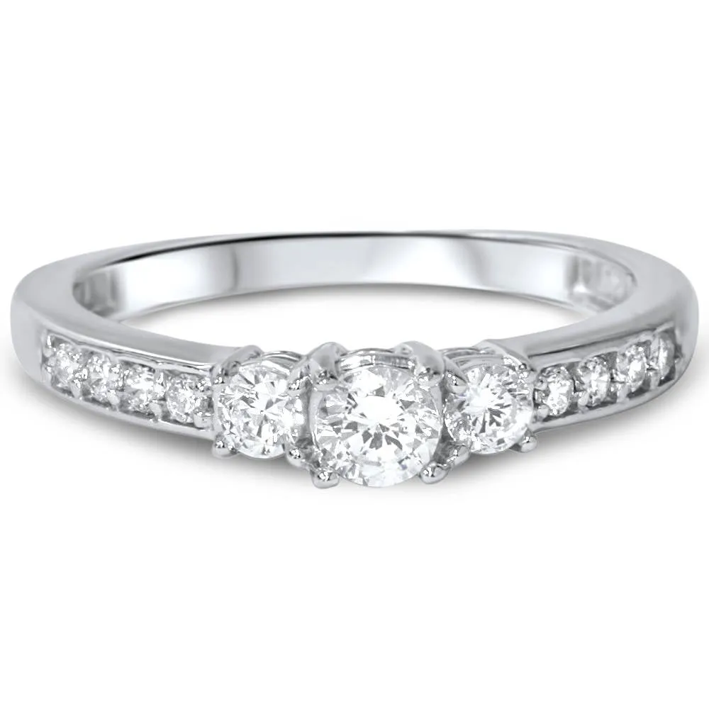 1/2ct Three Stone Round Diamond Engagement Ring 14K White Gold