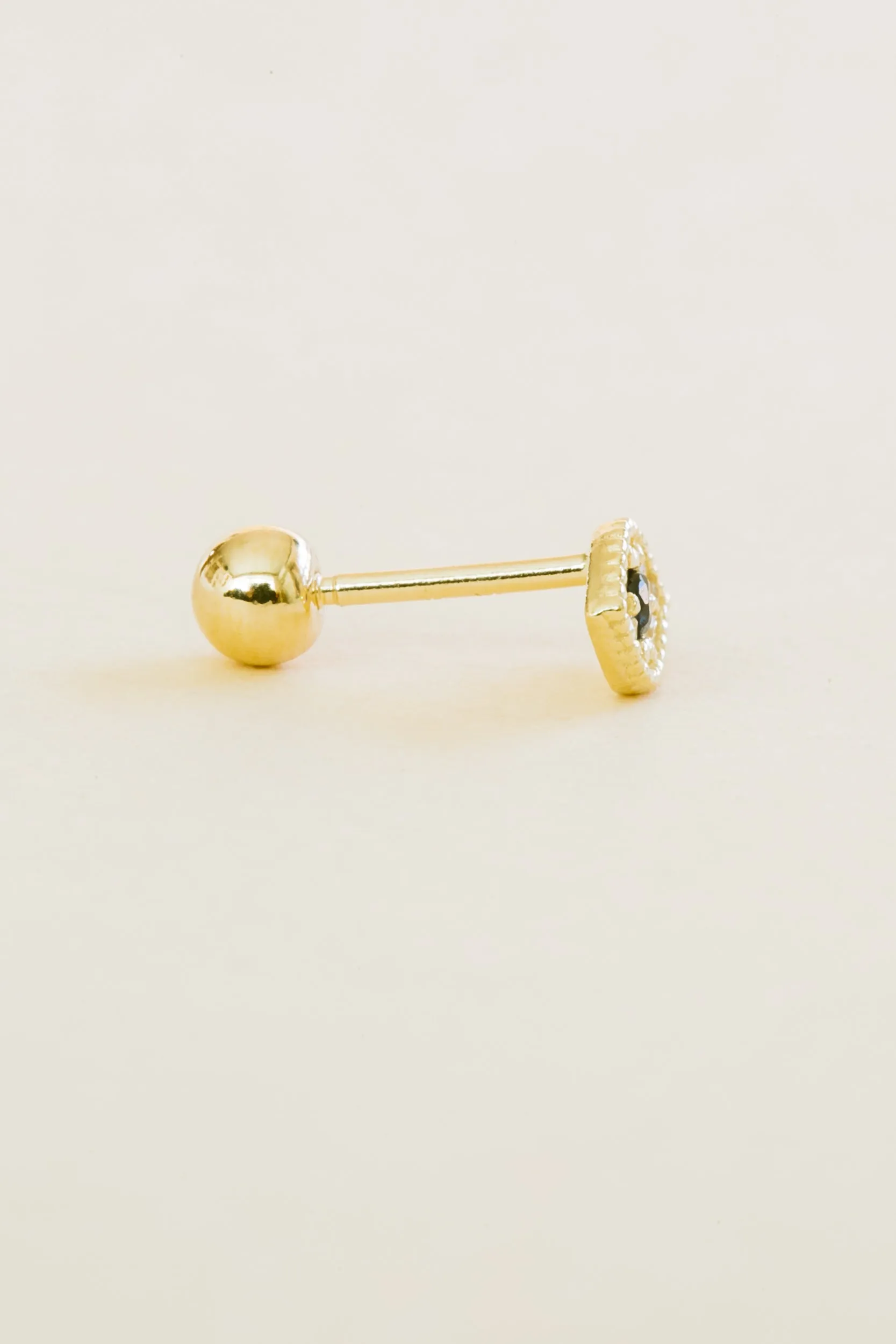 14k Solid Gold Minimal Evil Eye Barbell Ball Ear Post Stud Earring Piercing