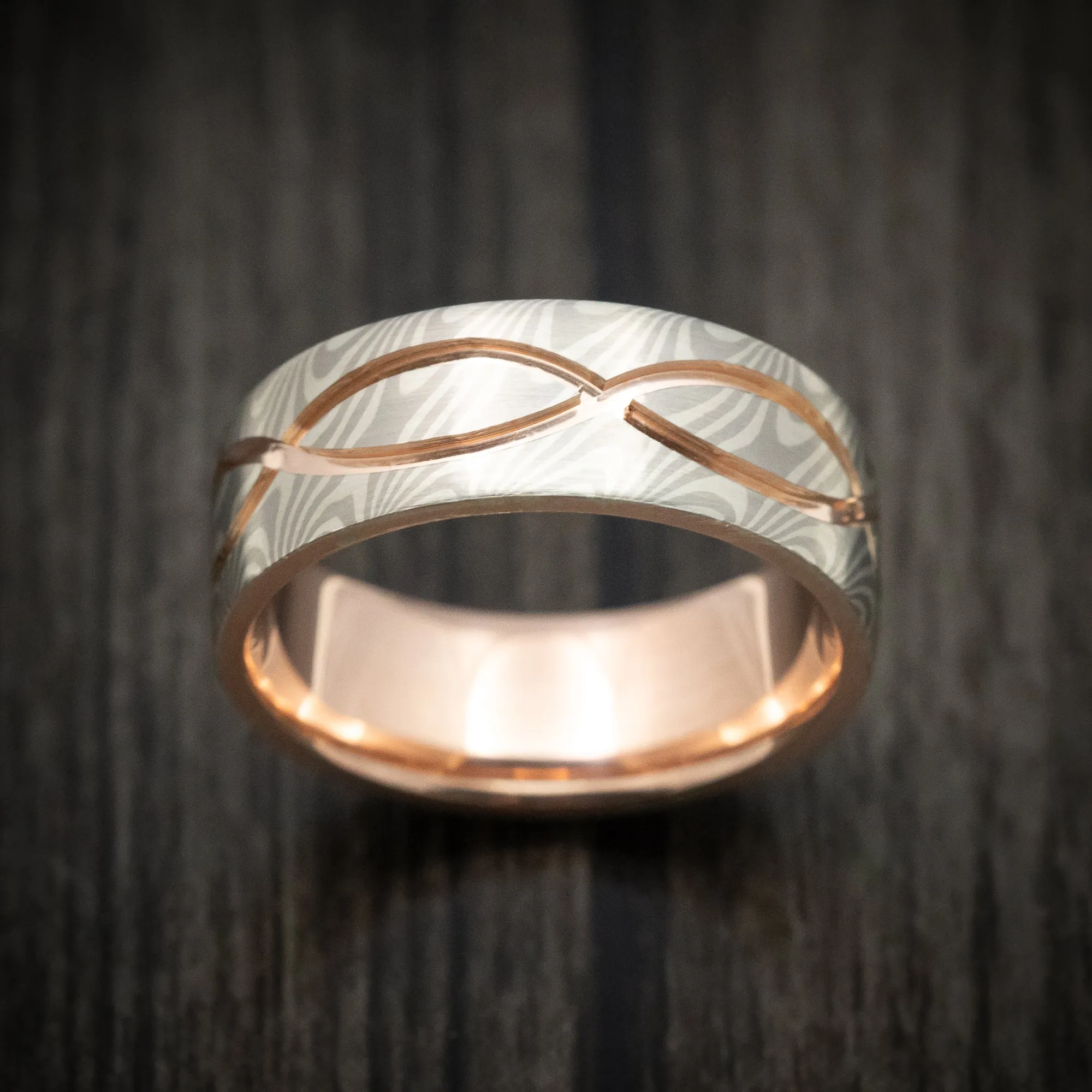 14K White Gold and Silver Mokume Gane Men's Ring with Rose Gold Sleeve and Infinity Inlay