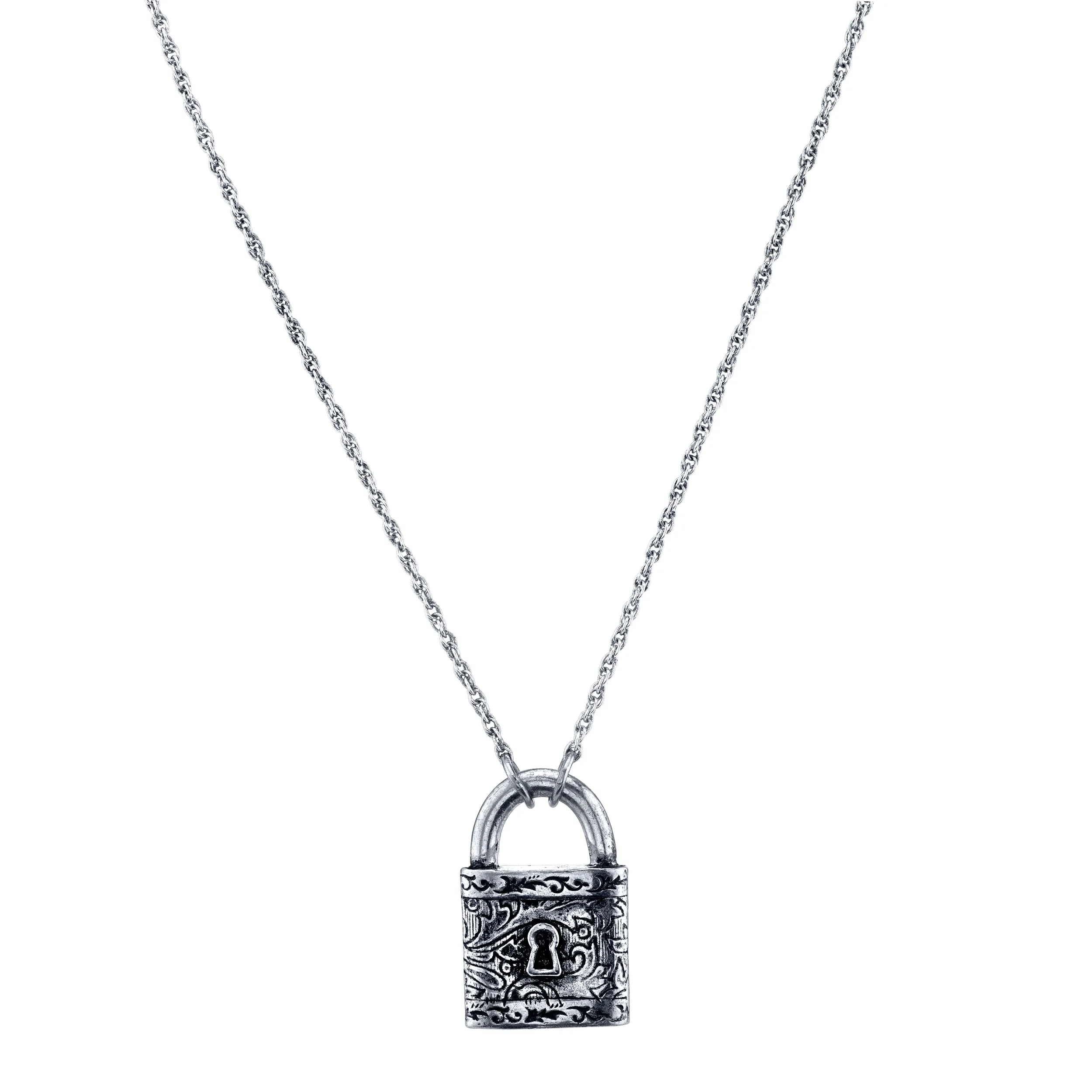 1928 Jewelry Antiqued Old Fashioned Padlock Pendant Necklace 28"