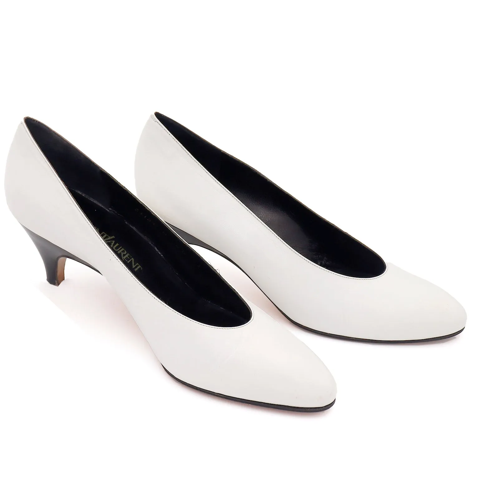 1970's Yves Saint Laurent White Leather Shoes With Black Heels