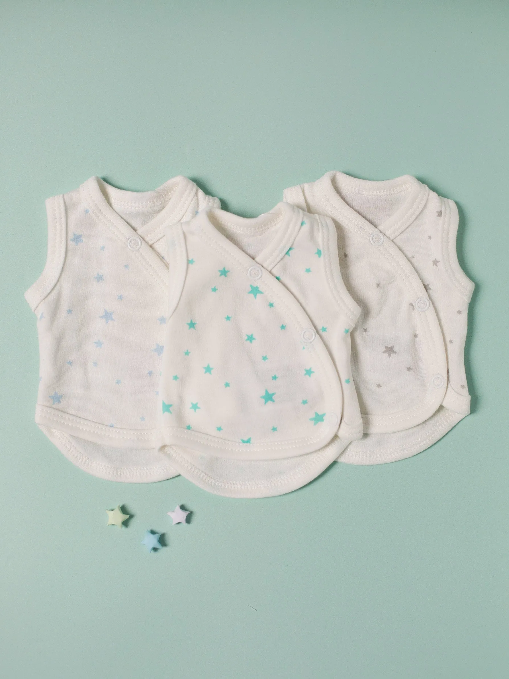 3 Pack - Star Incubator Vests - Blue, Mint & Silver Stars,  100% Organic Cotton