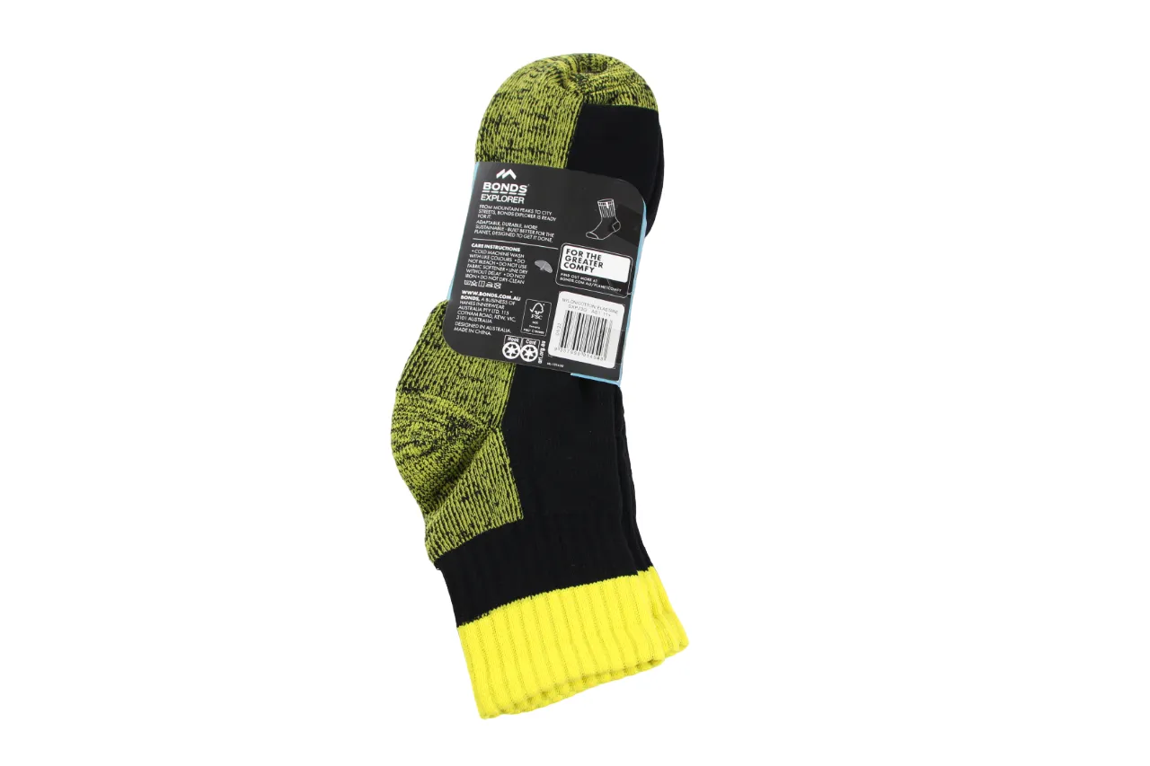 3 x Mens Bonds Explorer Tough Work Quarter Crew Cotton Socks - Black/Yellow