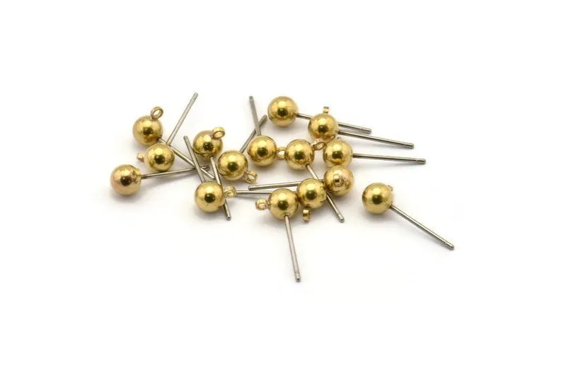 50 Earring Posts with Raw Brass Ball Pad and 5 mm Hole Hook   A0394