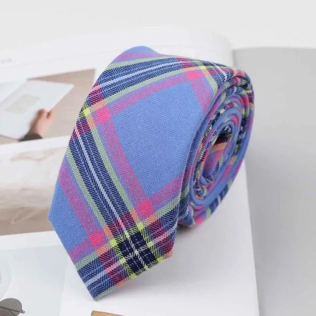 6cm Casual Soft Cotton Striped Plaid Mint Skinny Necktie for Men