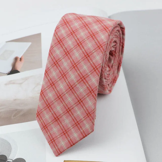 6cm Casual Soft Cotton Striped Plaid Mint Skinny Necktie for Men