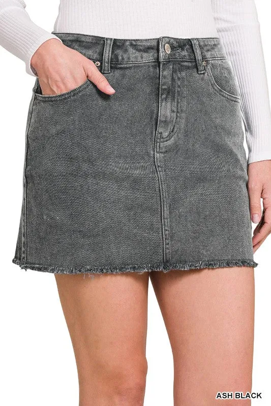 Acid Washed Colored Fray Hem Denim Skirt