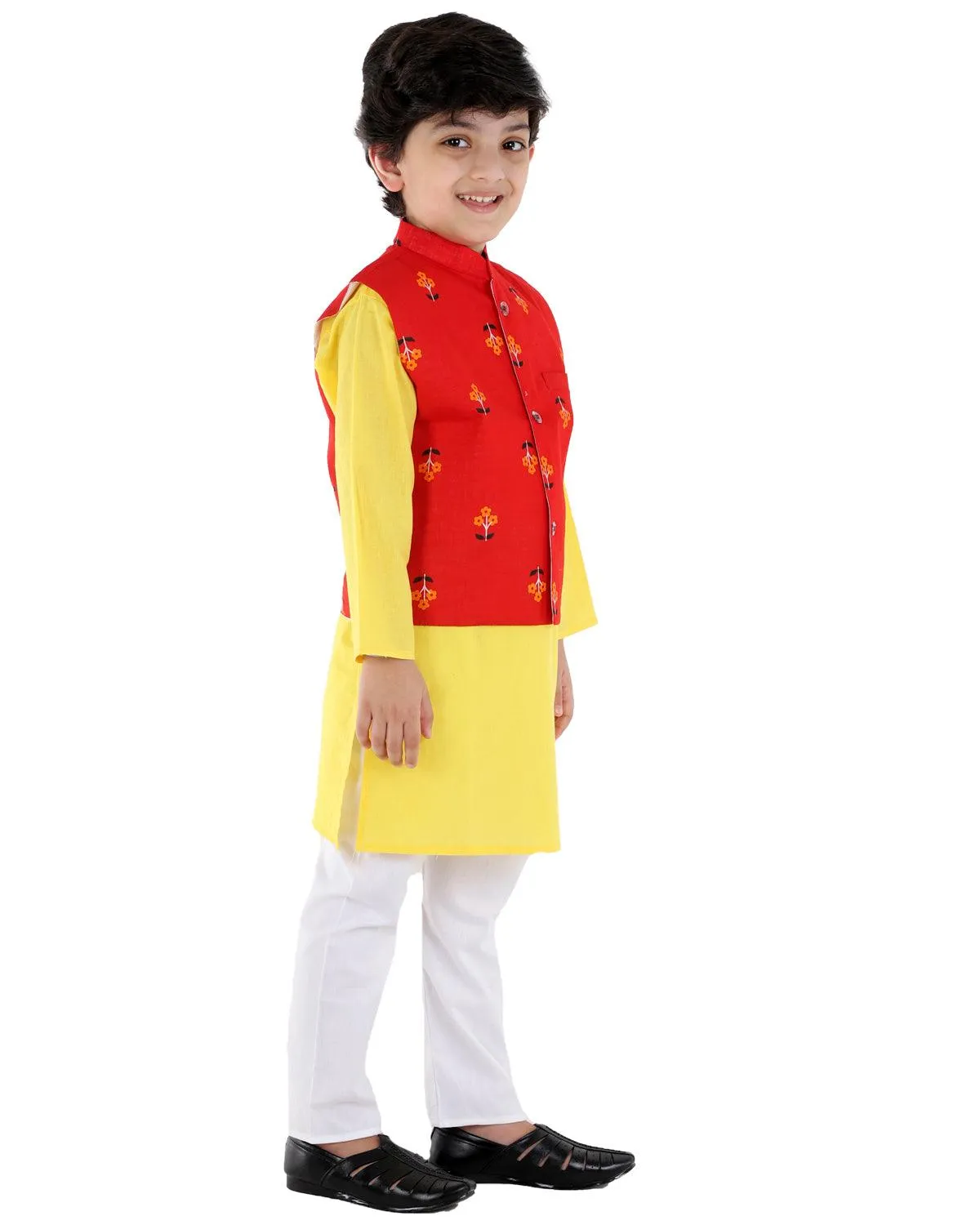 Ahhaaaa Kids Ethnic Cotton Printed Waistcoat with Kurta Pajama Set For Boys