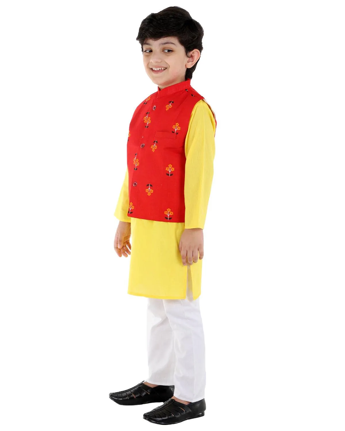 Ahhaaaa Kids Ethnic Cotton Printed Waistcoat with Kurta Pajama Set For Boys