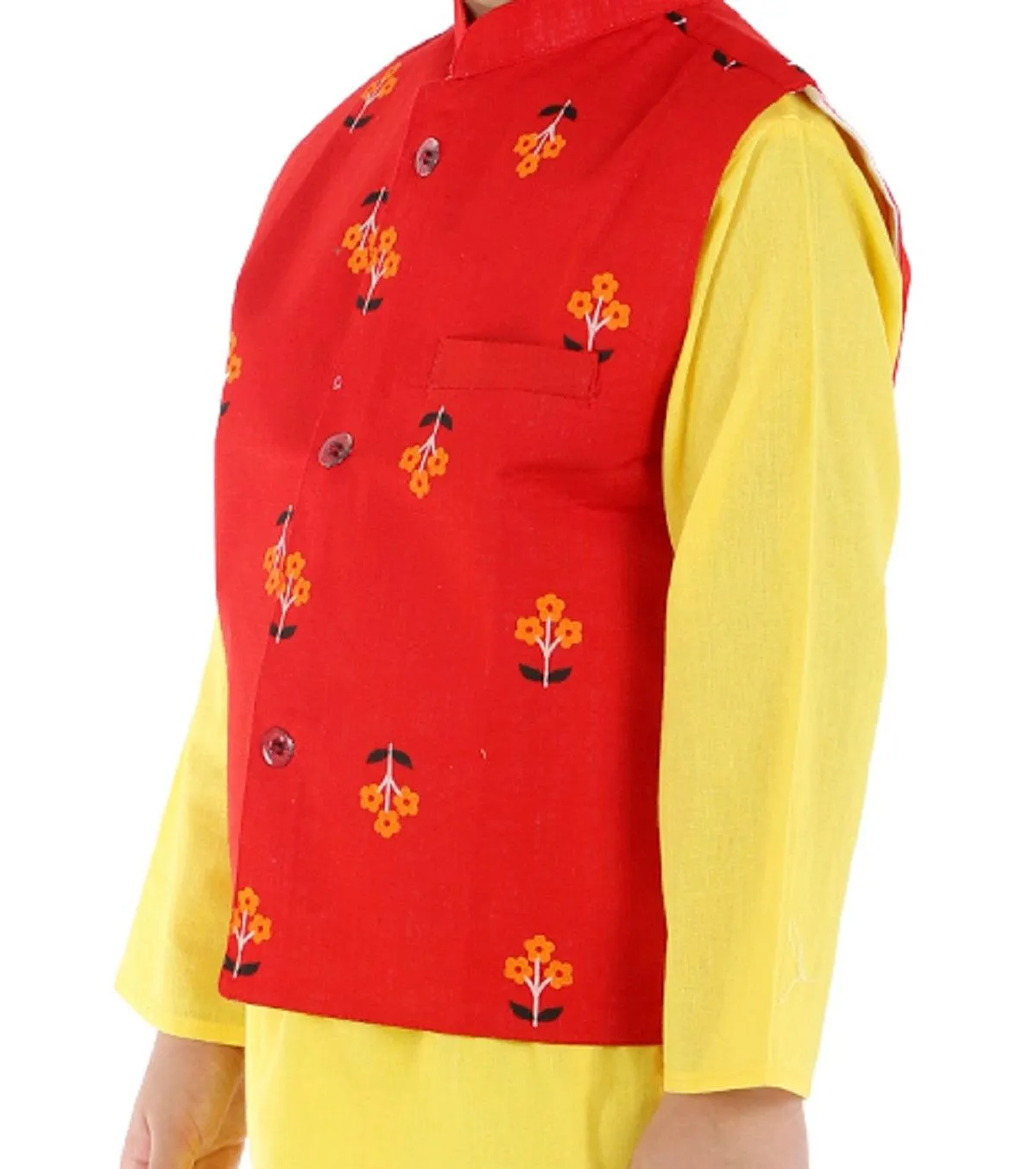 Ahhaaaa Kids Ethnic Cotton Printed Waistcoat with Kurta Pajama Set For Boys