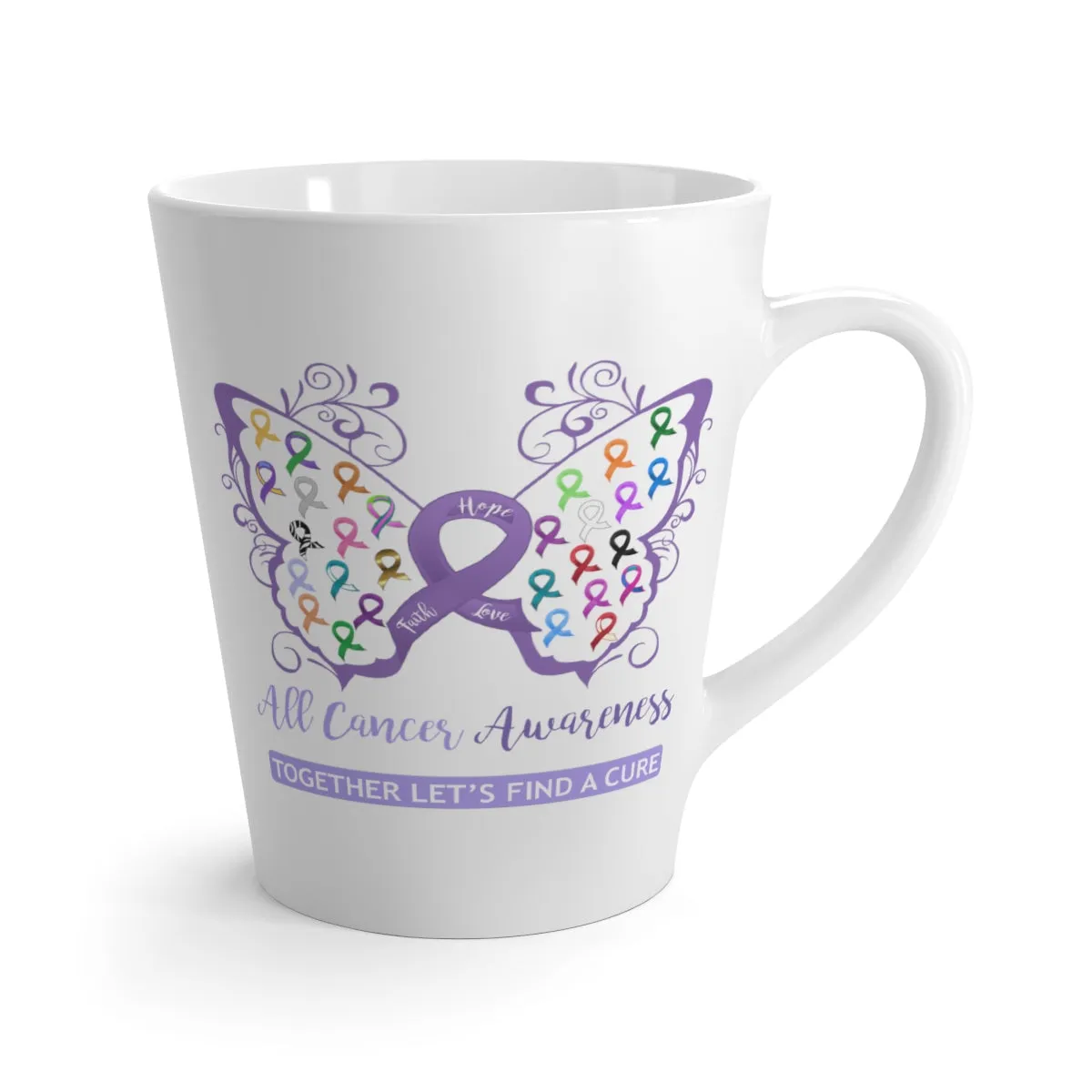 All Cancer Awareness Filigree Butterfly White Latte Mug (12 oz.) (Dual Sided Design)