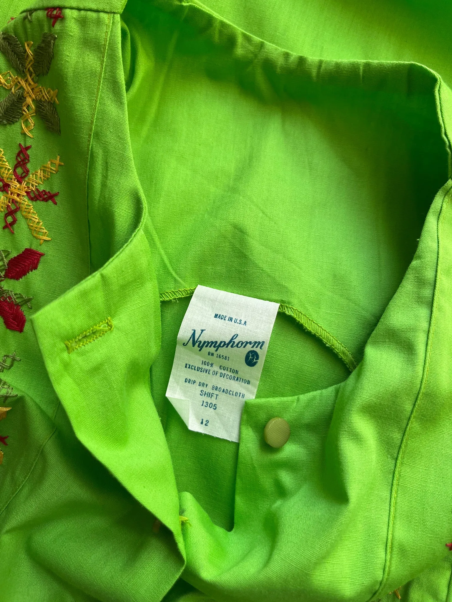 Amazing 1960's Lime Green Embroidered Summer Shift / Sz M