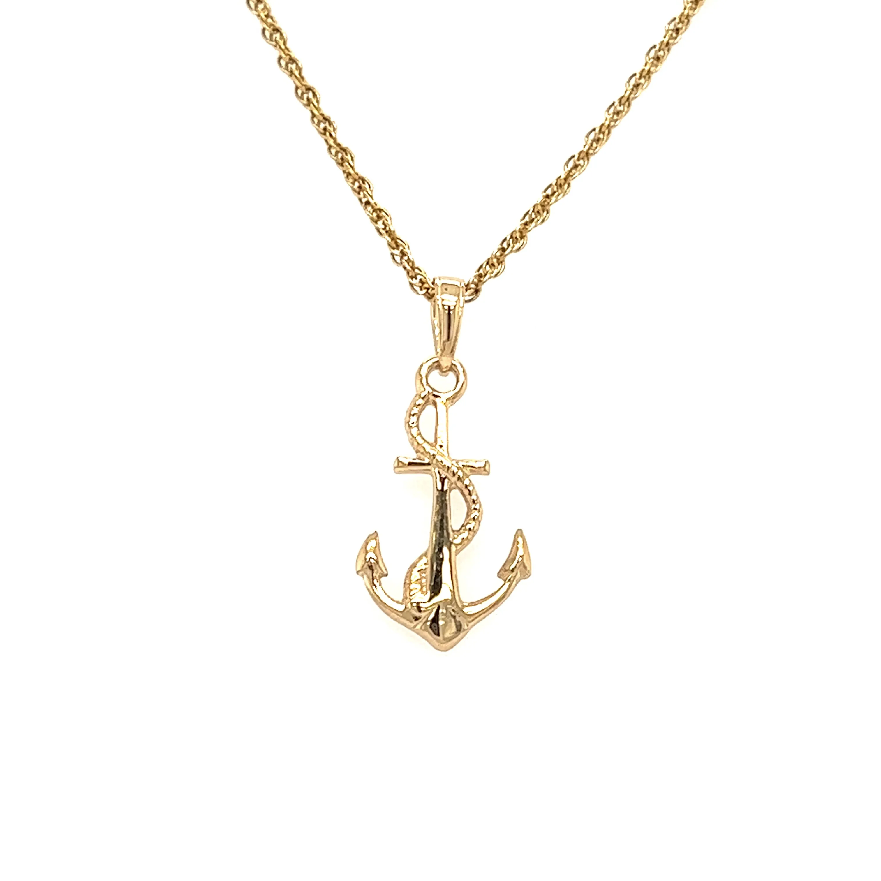 Anchor and Rope Pendant with 3D Details in 14K Yellow Gold