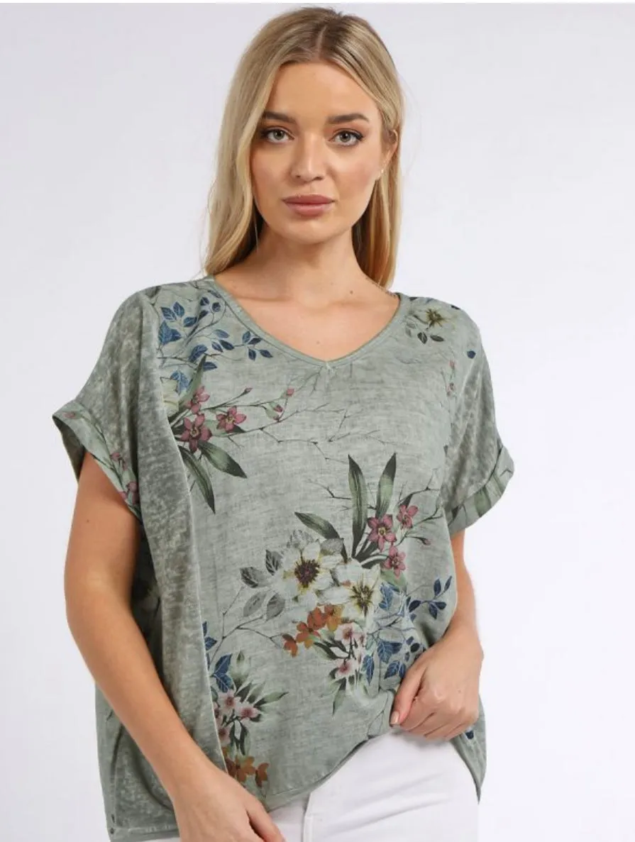 Anne   Kate Italian V-Neck Vintage Wash Floral Linen Top