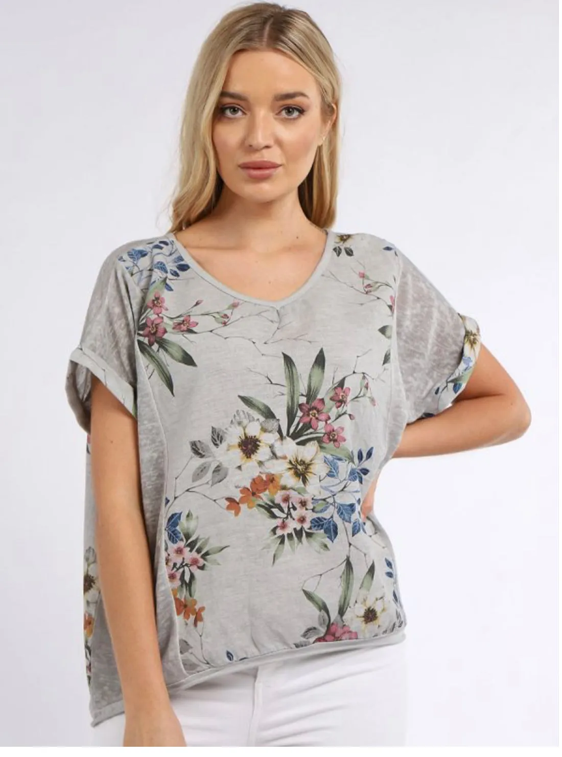 Anne   Kate Italian V-Neck Vintage Wash Floral Linen Top