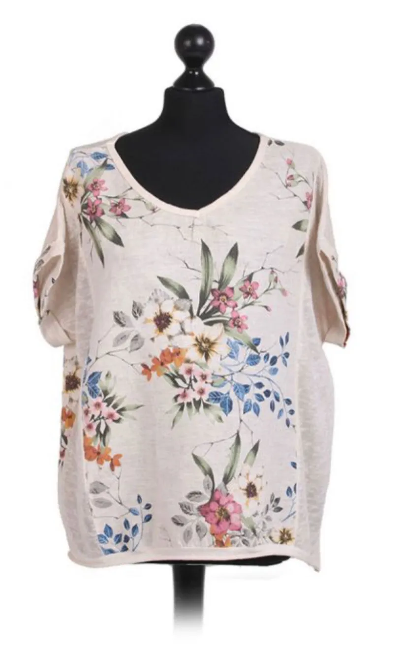 Anne   Kate Italian V-Neck Vintage Wash Floral Linen Top