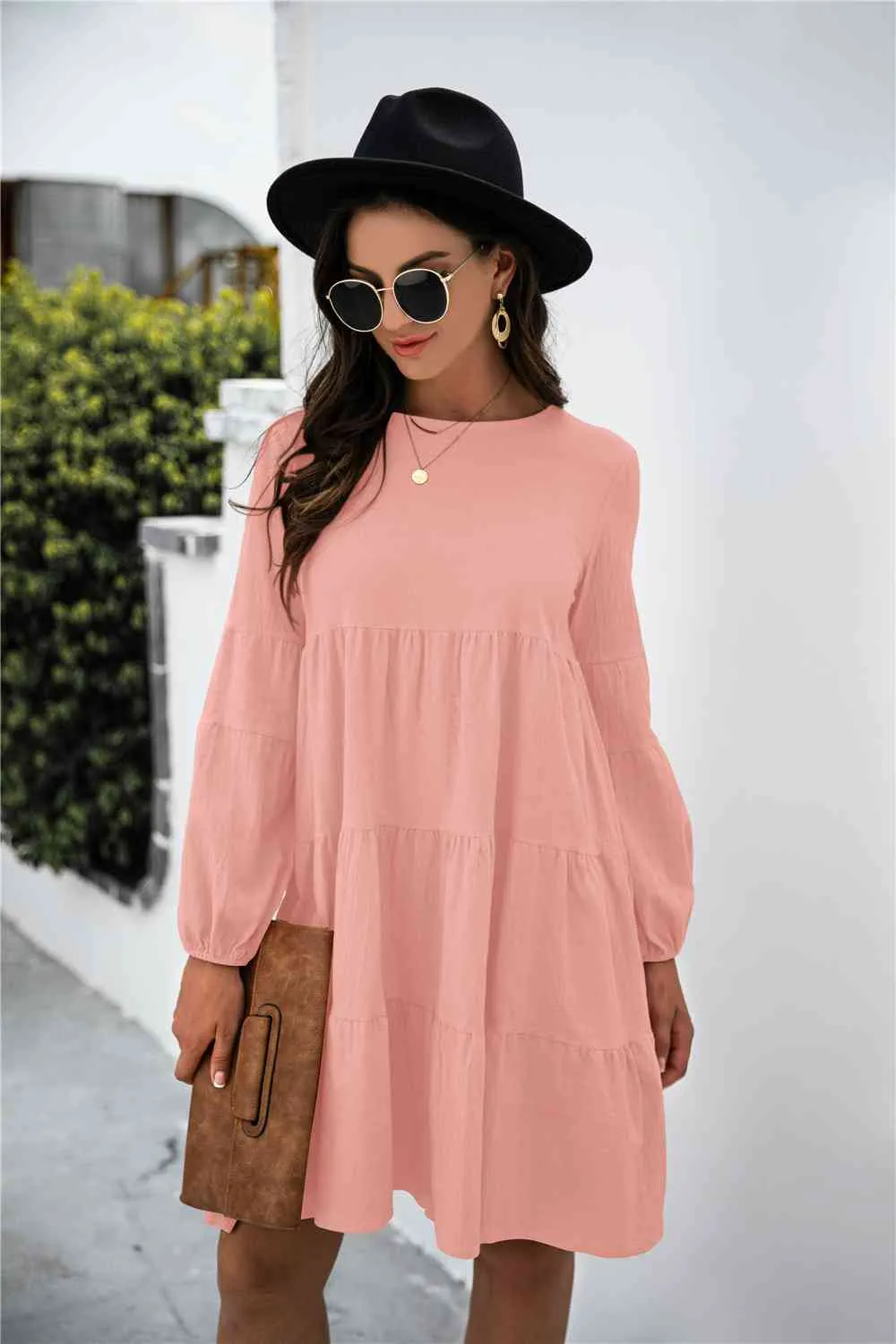 Balloon Sleeve Keyhole Tiered Dress