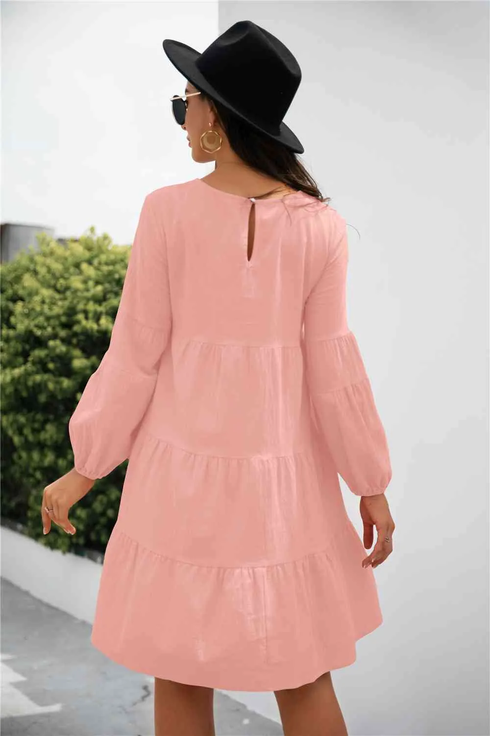 Balloon Sleeve Keyhole Tiered Dress