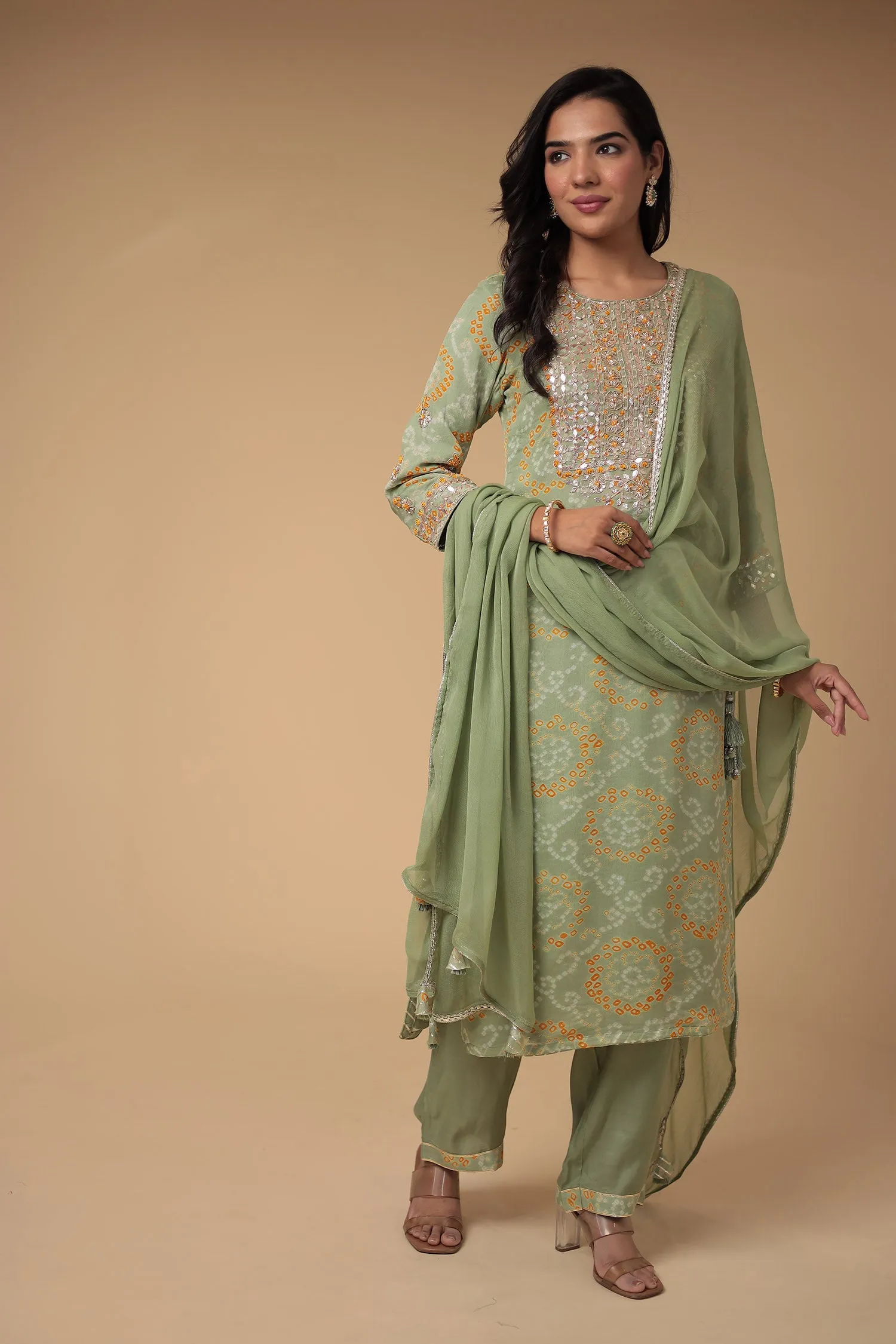 Bandhej Georgette Suit with Gota Patti and Thread work.