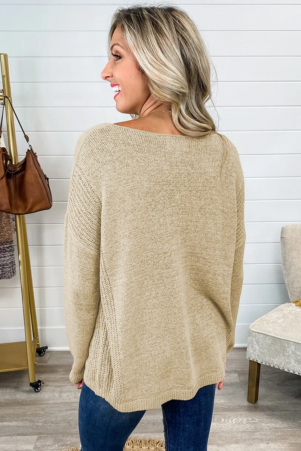 Beige Drop Shoulder Knitted Winter Sweater