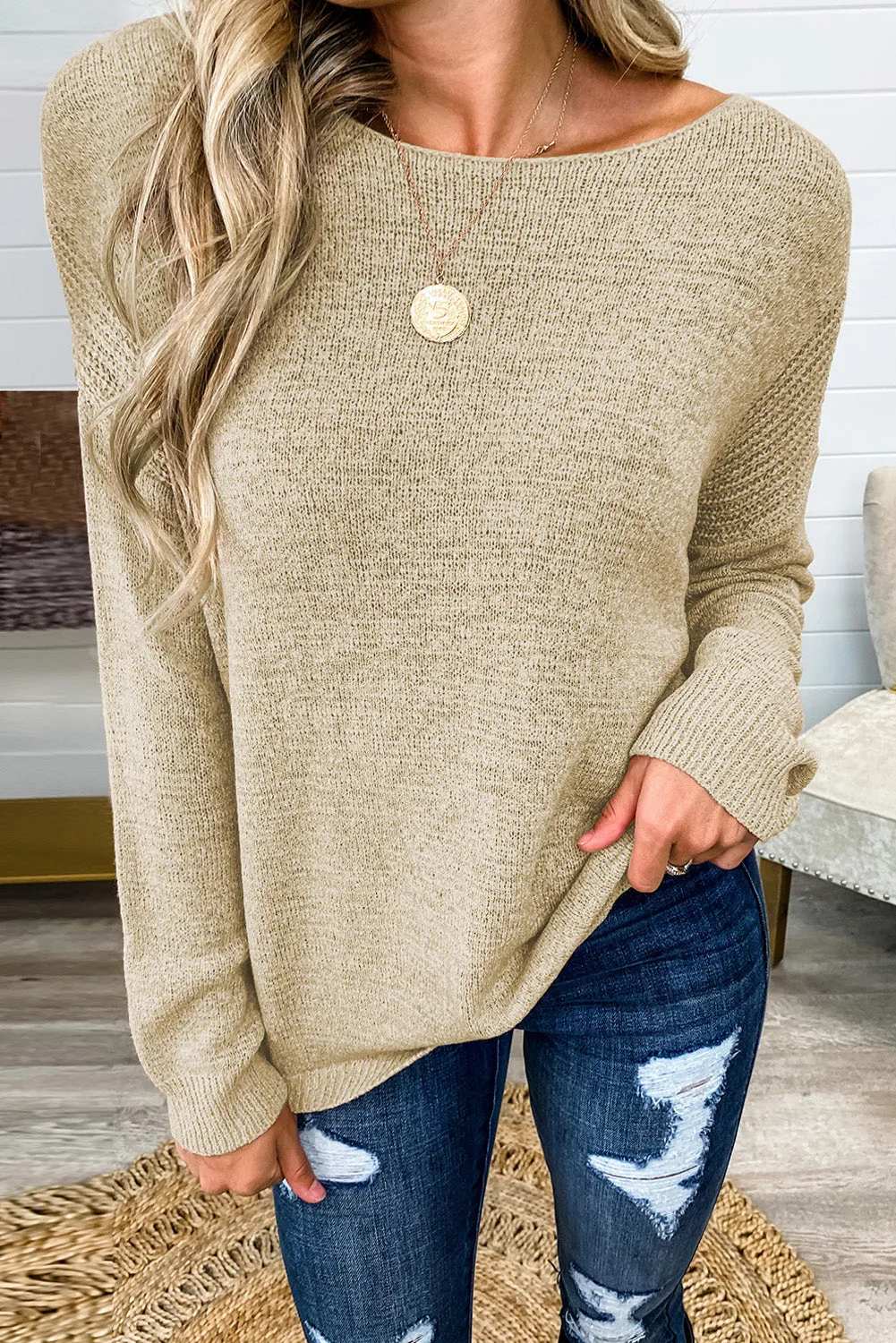 Beige Drop Shoulder Knitted Winter Sweater