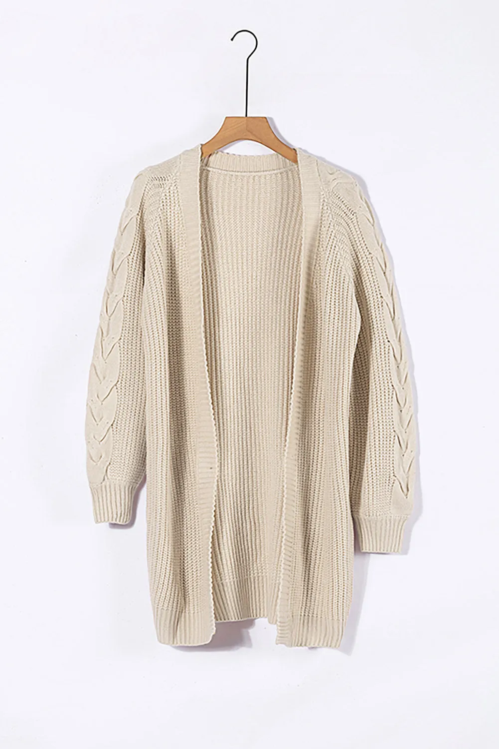 Beige Open Front Cable Sleeve Long Cardigan