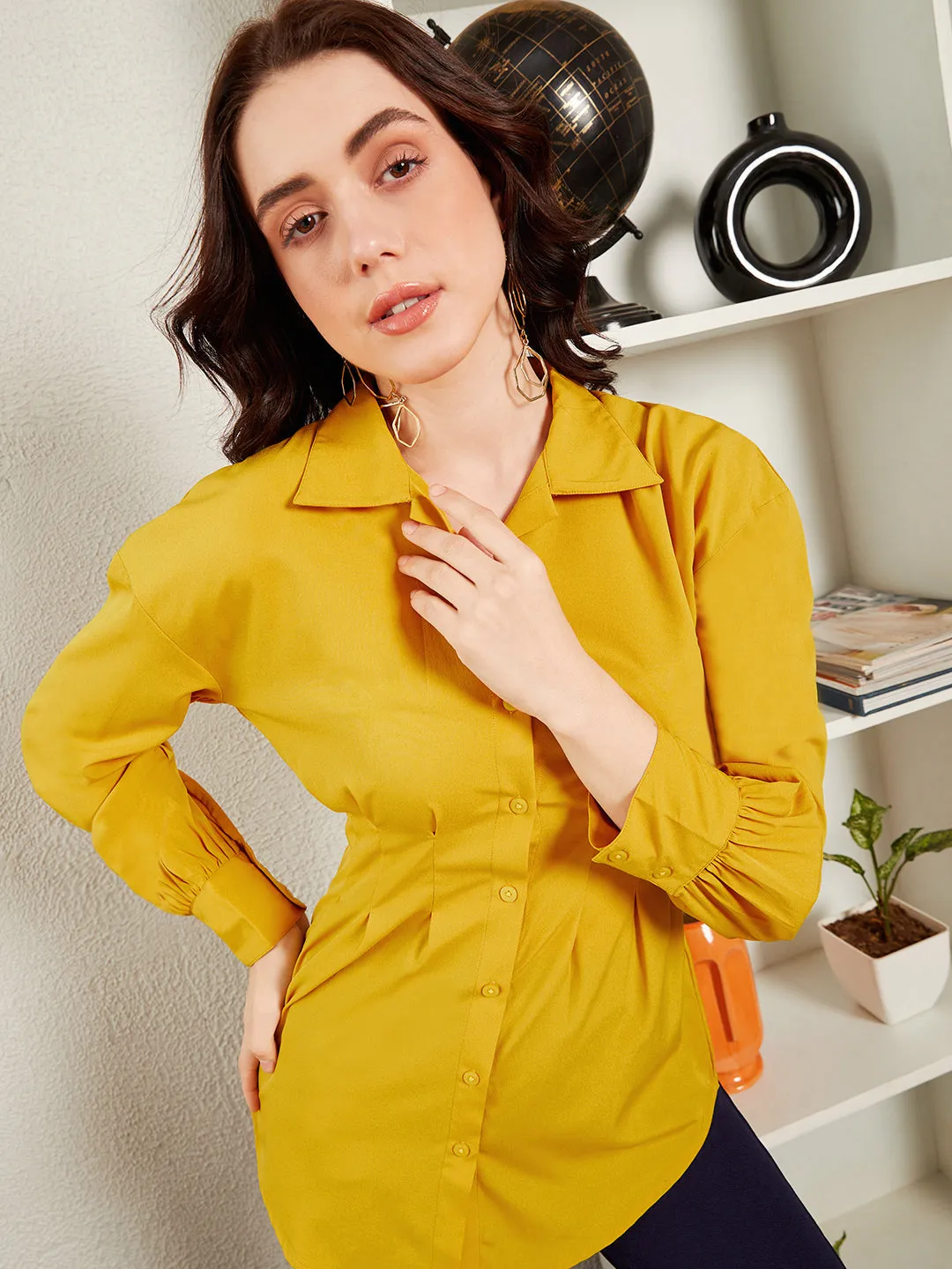 Berrylush BIZwear Women Solid Yellow Spread Collar Neck Drop Shoulder Sleeves Plicated Waist Longline Shirt