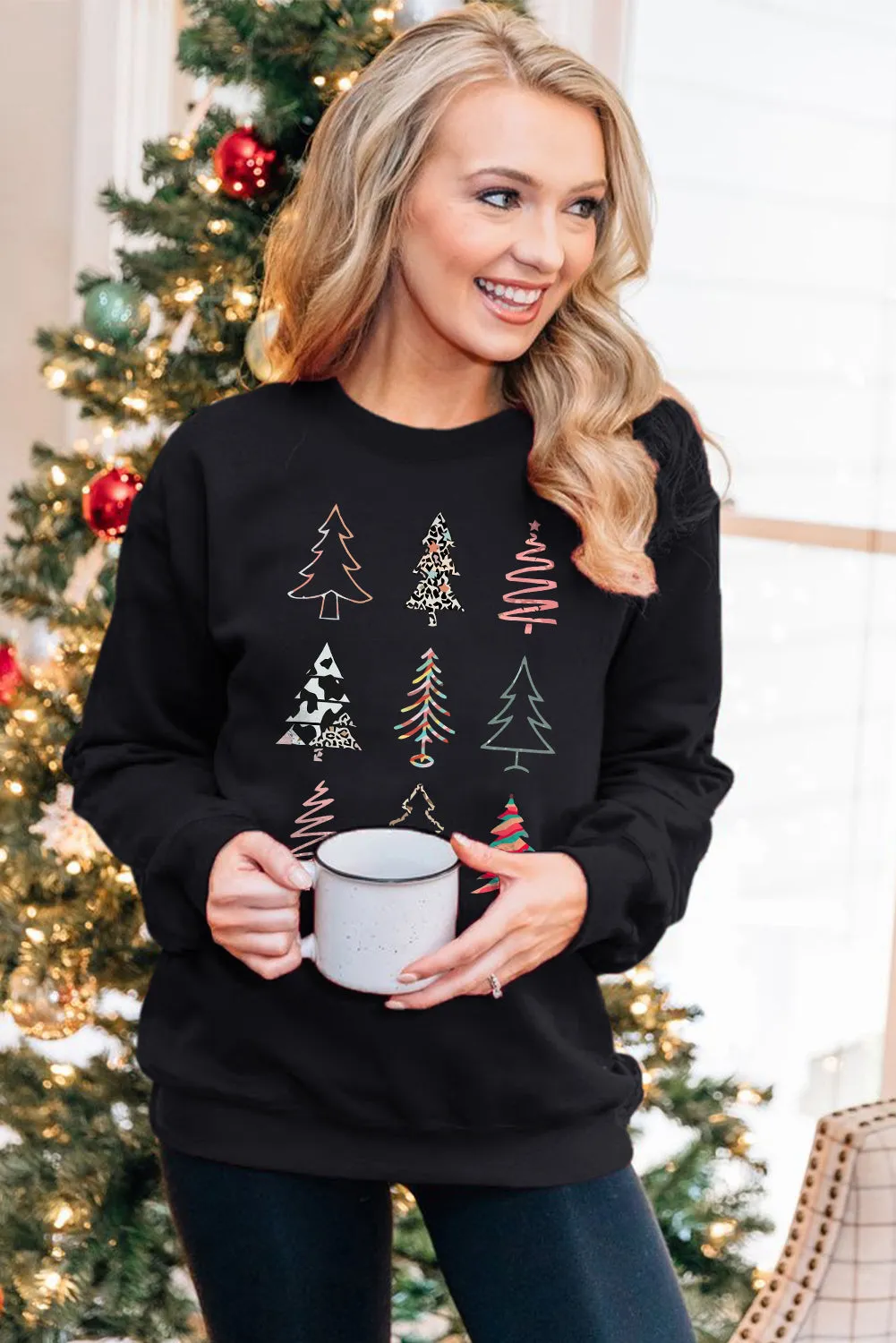 Black Christmas Tree Graphic Print Sweatshirt