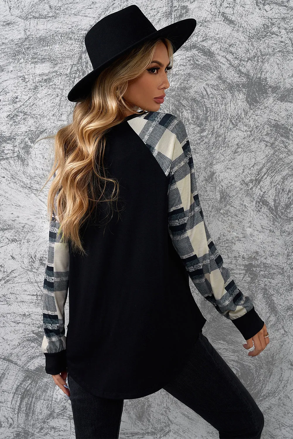 Black Color Block Casual Long Sleeve Top