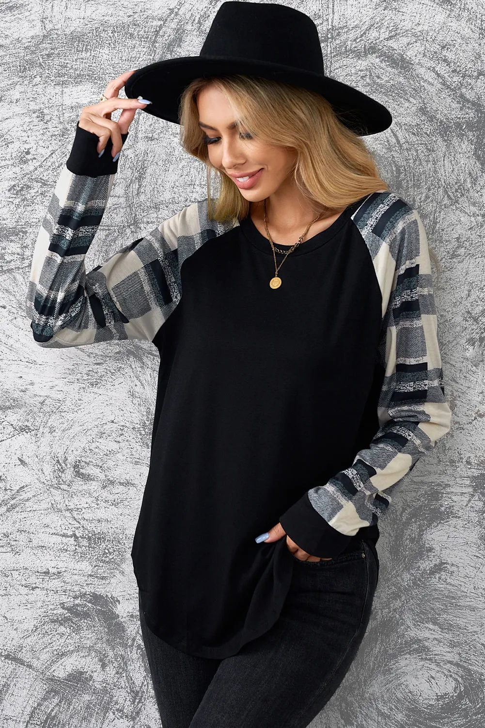 Black Color Block Casual Long Sleeve Top