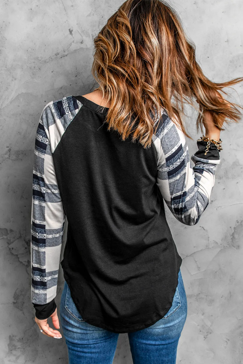 Black Color Block Casual Long Sleeve Top