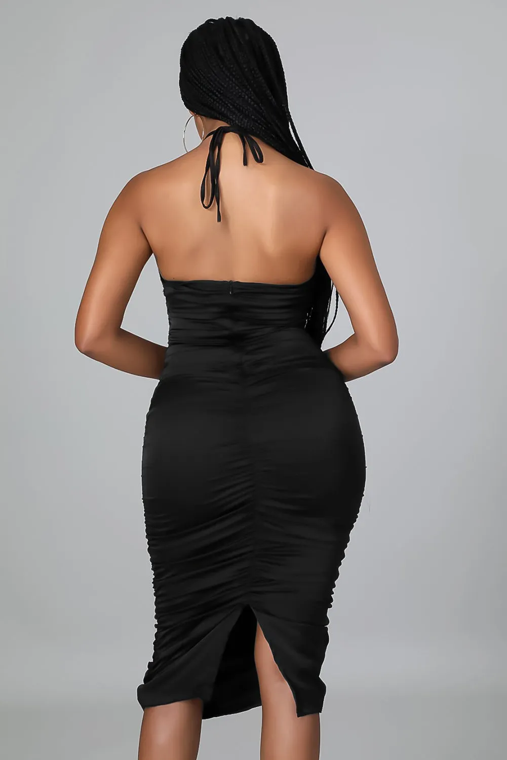 Black Halter Neck Ruched Bodycon Dress