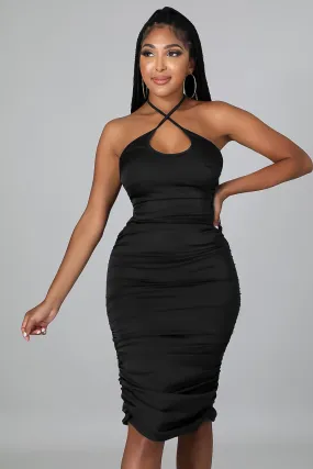 Black Halter Neck Ruched Bodycon Dress