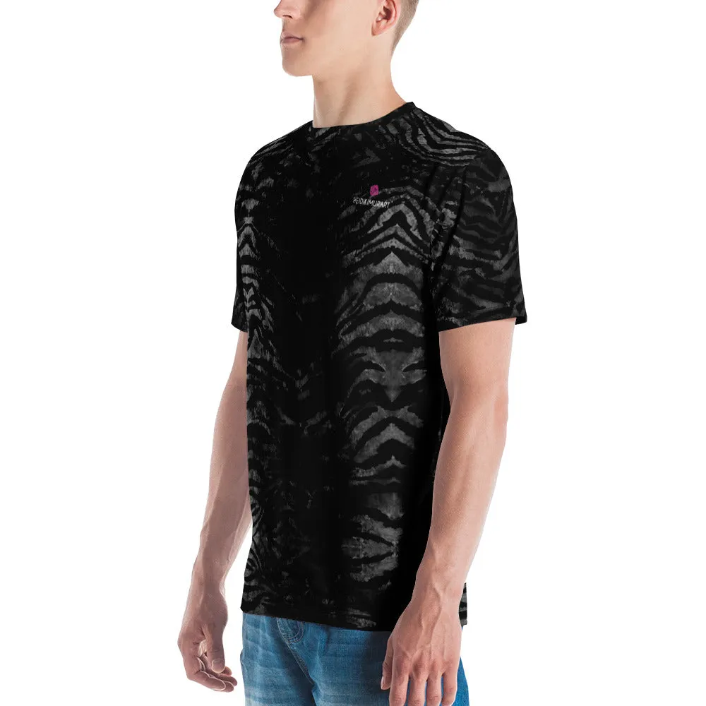 Black Tiger Striped Men's T-shirt, Dark Grey Animal Print Luxury Tee For Men-Made in USA/EU/MX (US Size, XS-2XL)