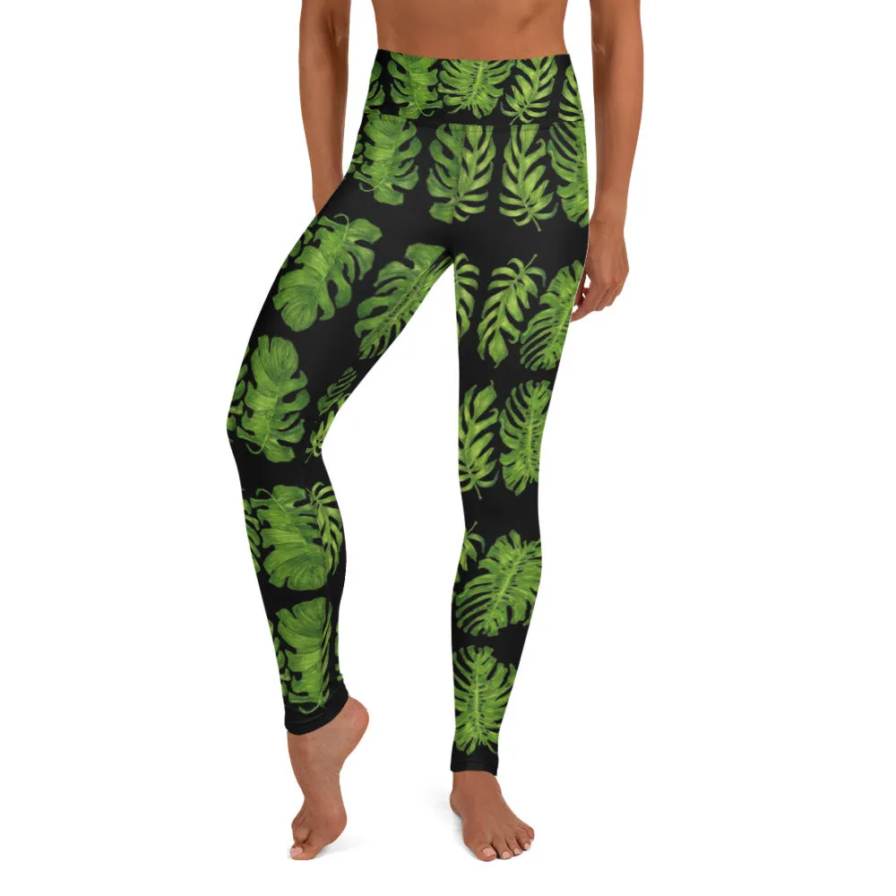 Black Tropical Leaf Yoga Leggings, Green Hawaiian Style Print Women's Tights-Made in USA/EU