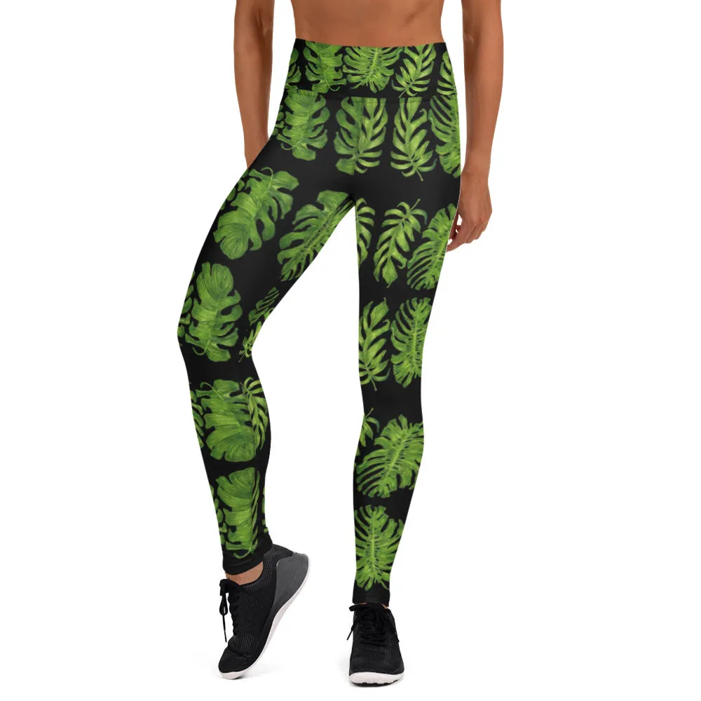 Black Tropical Leaf Yoga Leggings, Green Hawaiian Style Print Women's Tights-Made in USA/EU