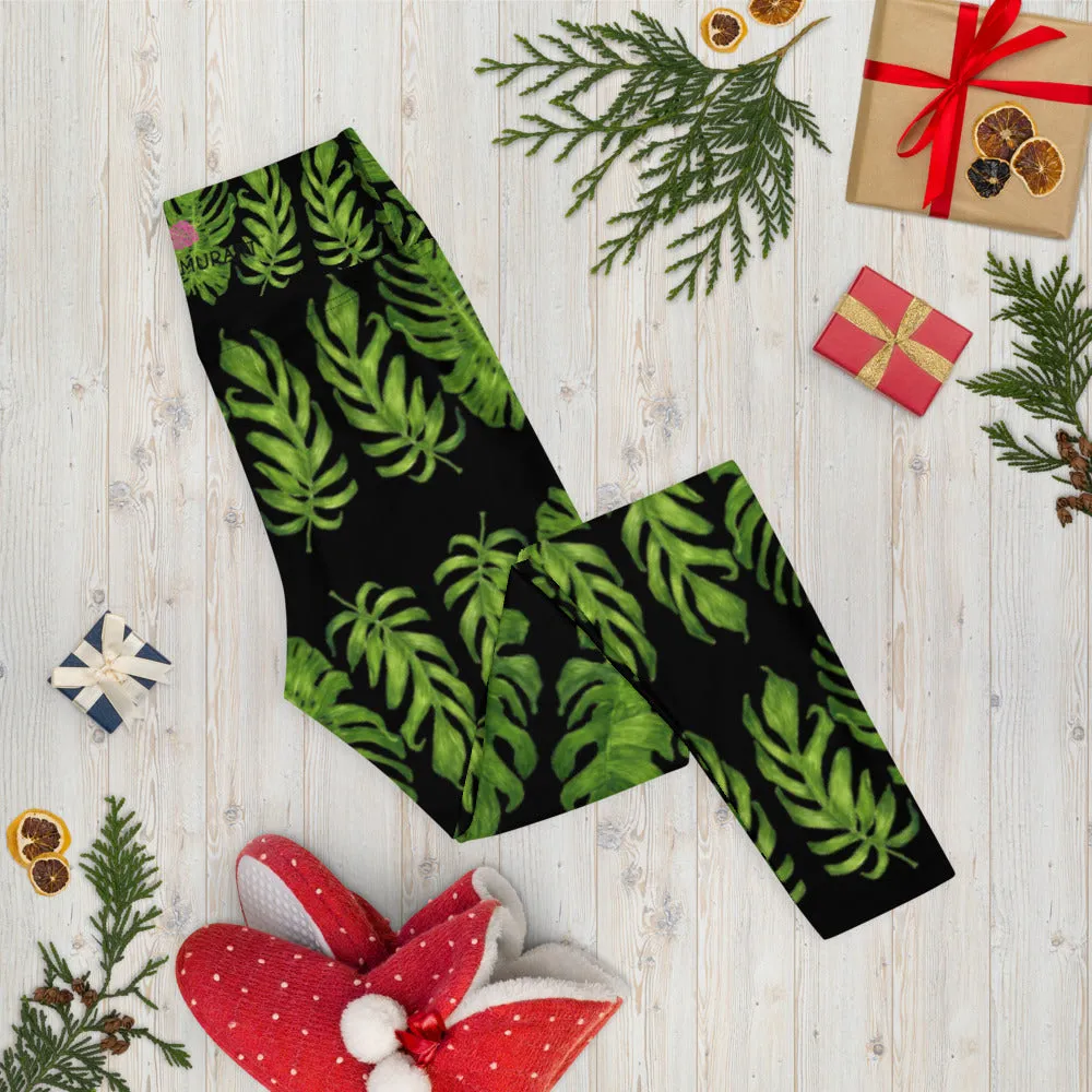 Black Tropical Leaf Yoga Leggings, Green Hawaiian Style Print Women's Tights-Made in USA/EU