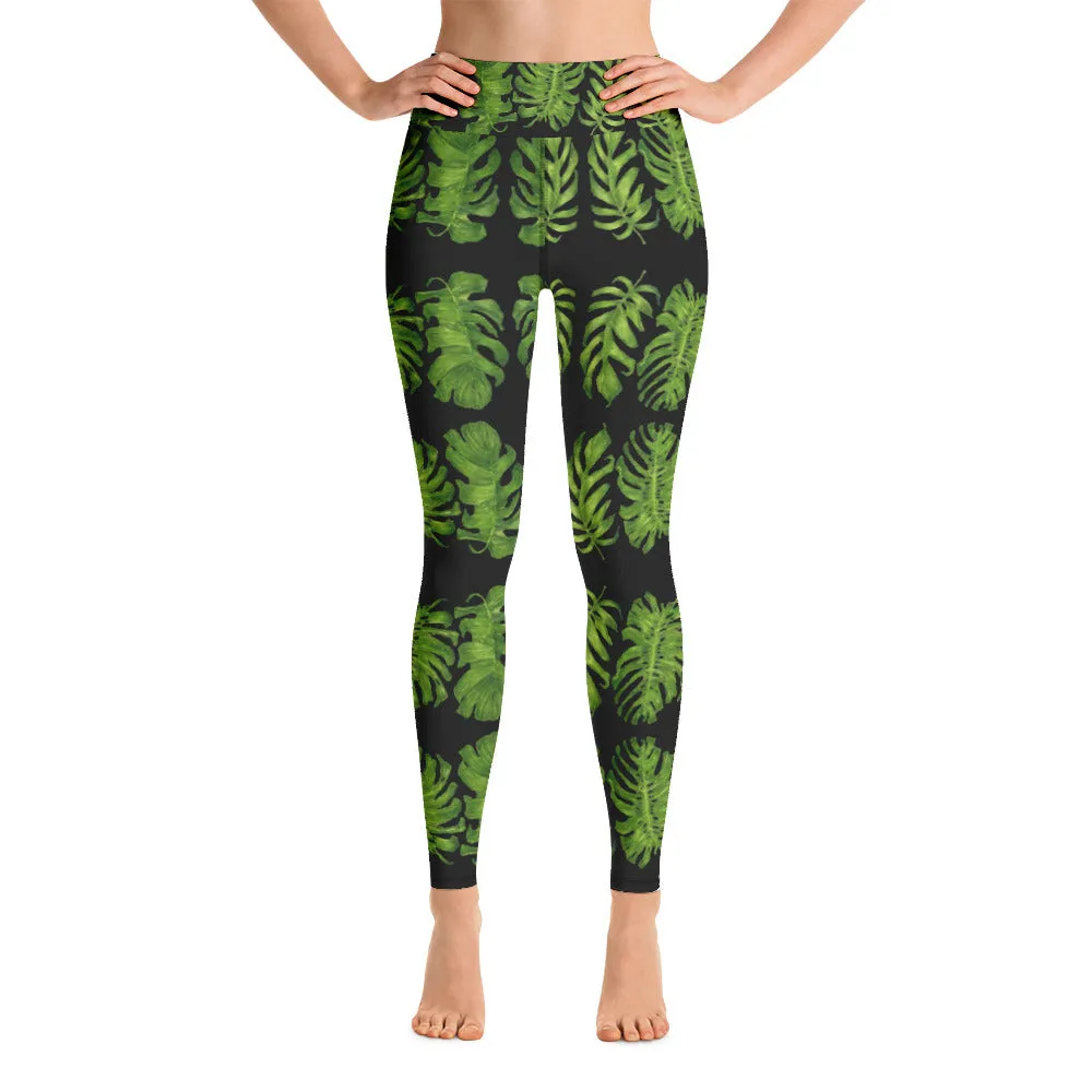 Black Tropical Leaf Yoga Leggings, Green Hawaiian Style Print Women's Tights-Made in USA/EU