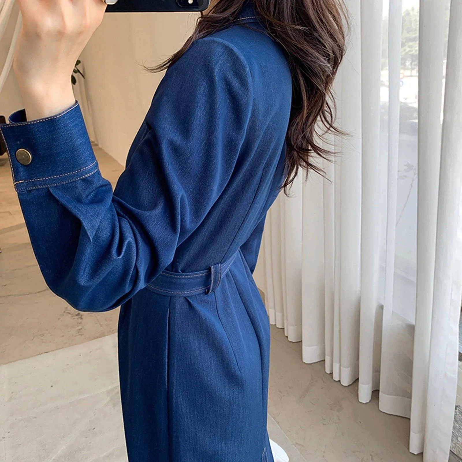 Blue Denim Belted Button Long Sleeve Dress