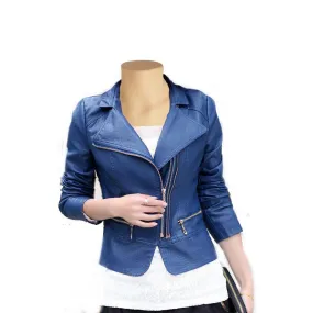 Blue slim fit double breasted leather jacket