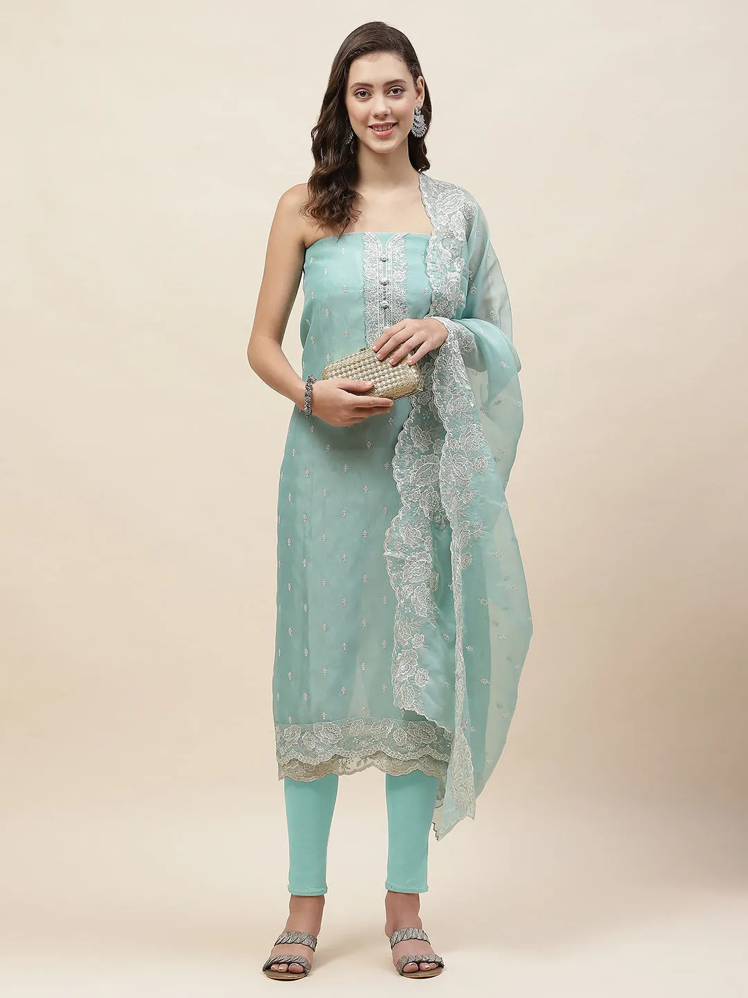 Booti Embroidered Organza Unstitched Suit Piece With Dupatta