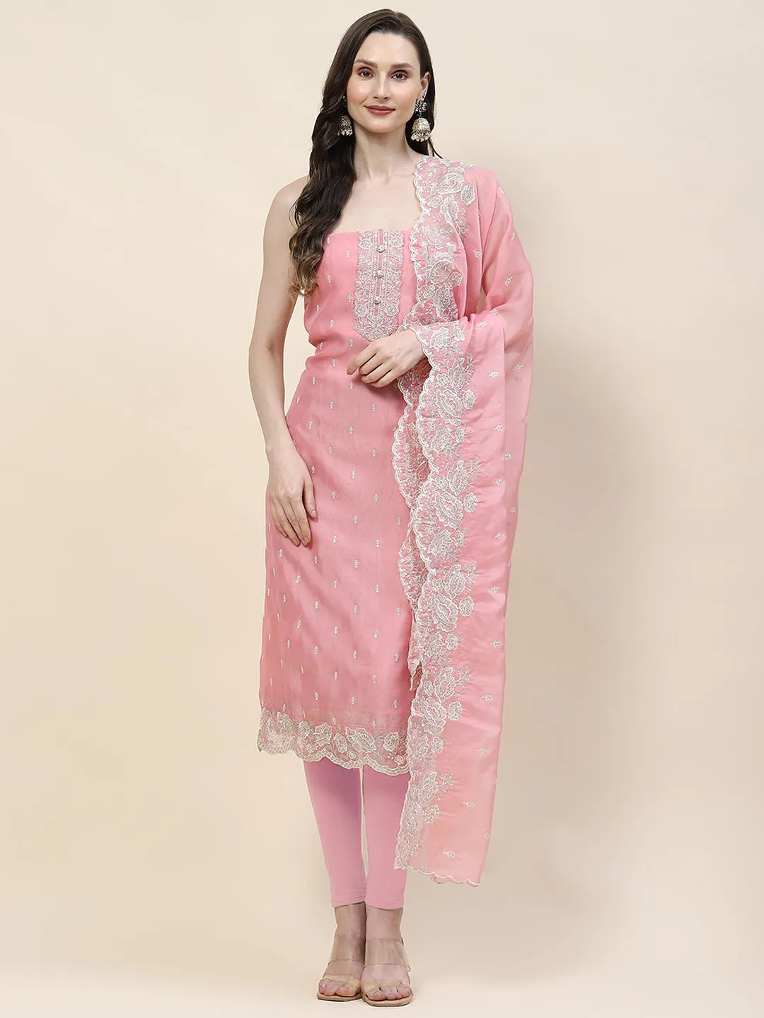 Booti Embroidered Organza Unstitched Suit Piece With Dupatta