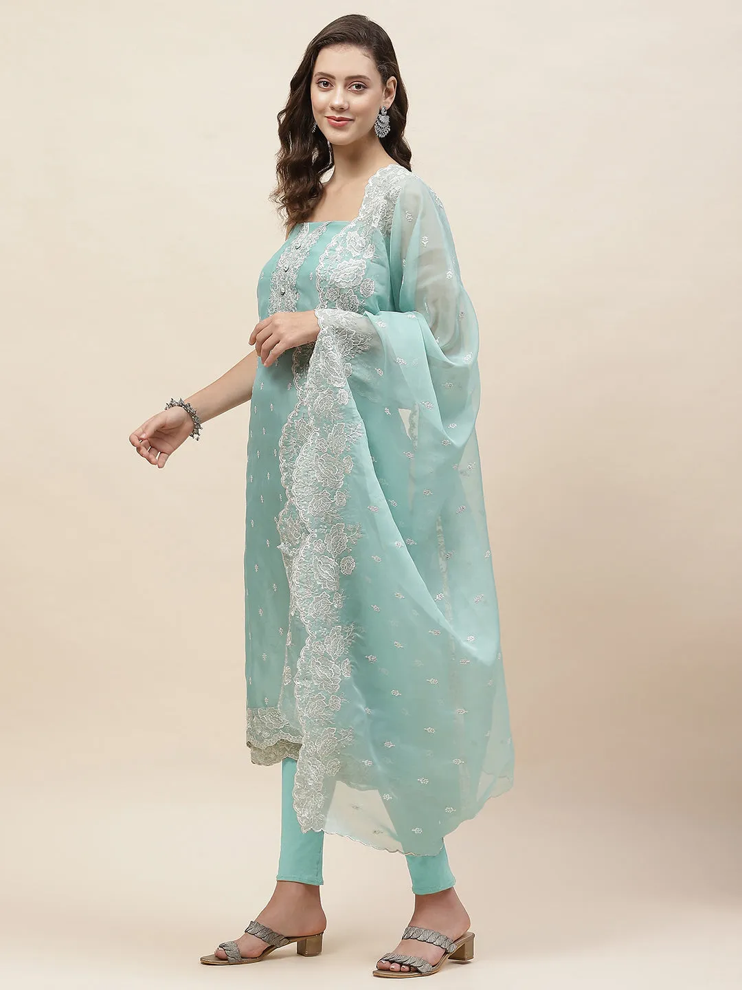 Booti Embroidered Organza Unstitched Suit Piece With Dupatta