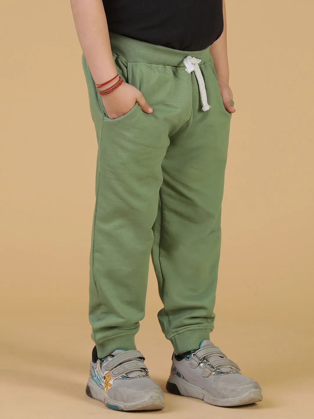 Boys Olive Solid Cotton Joggers