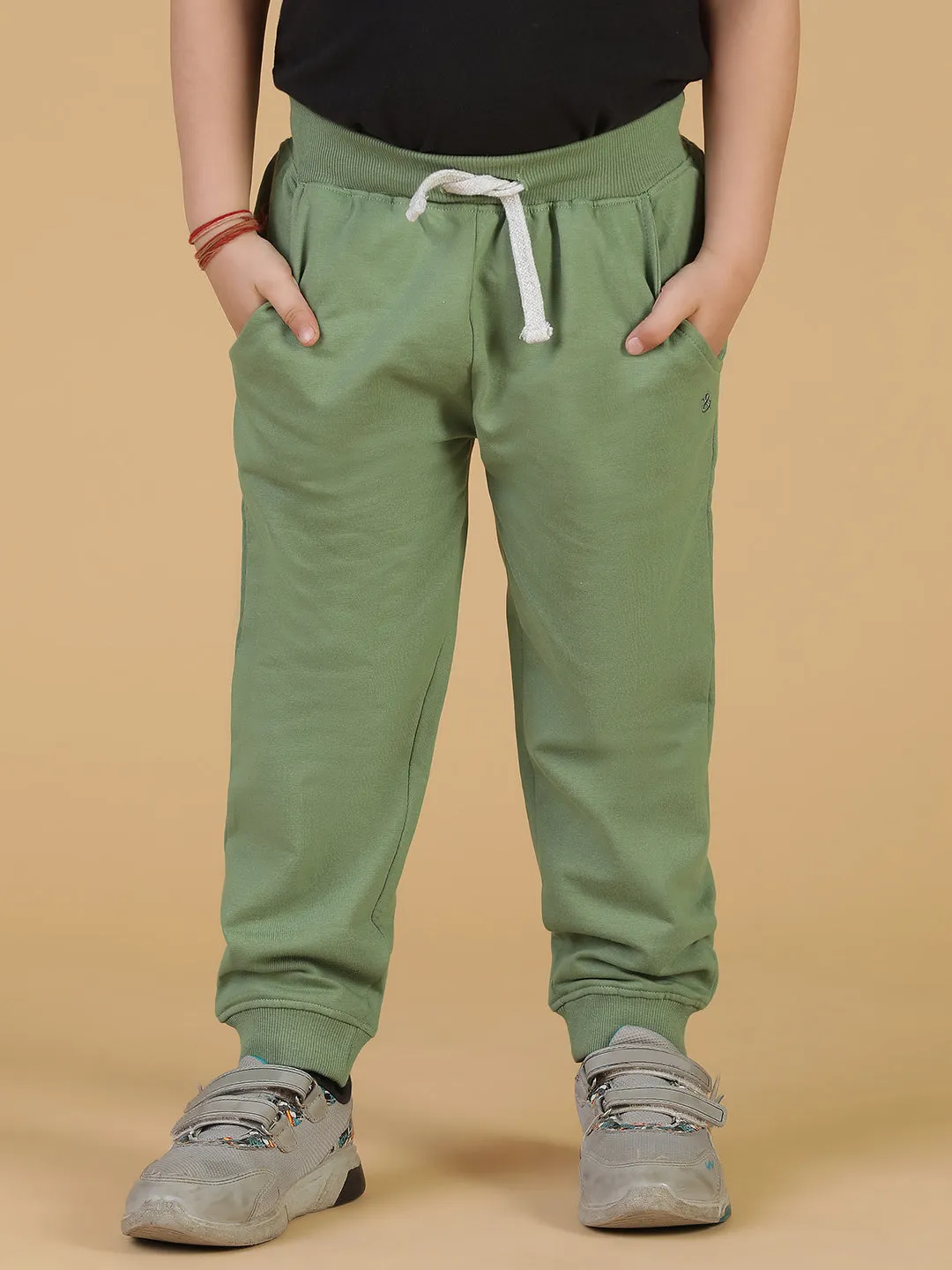 Boys Olive Solid Cotton Joggers