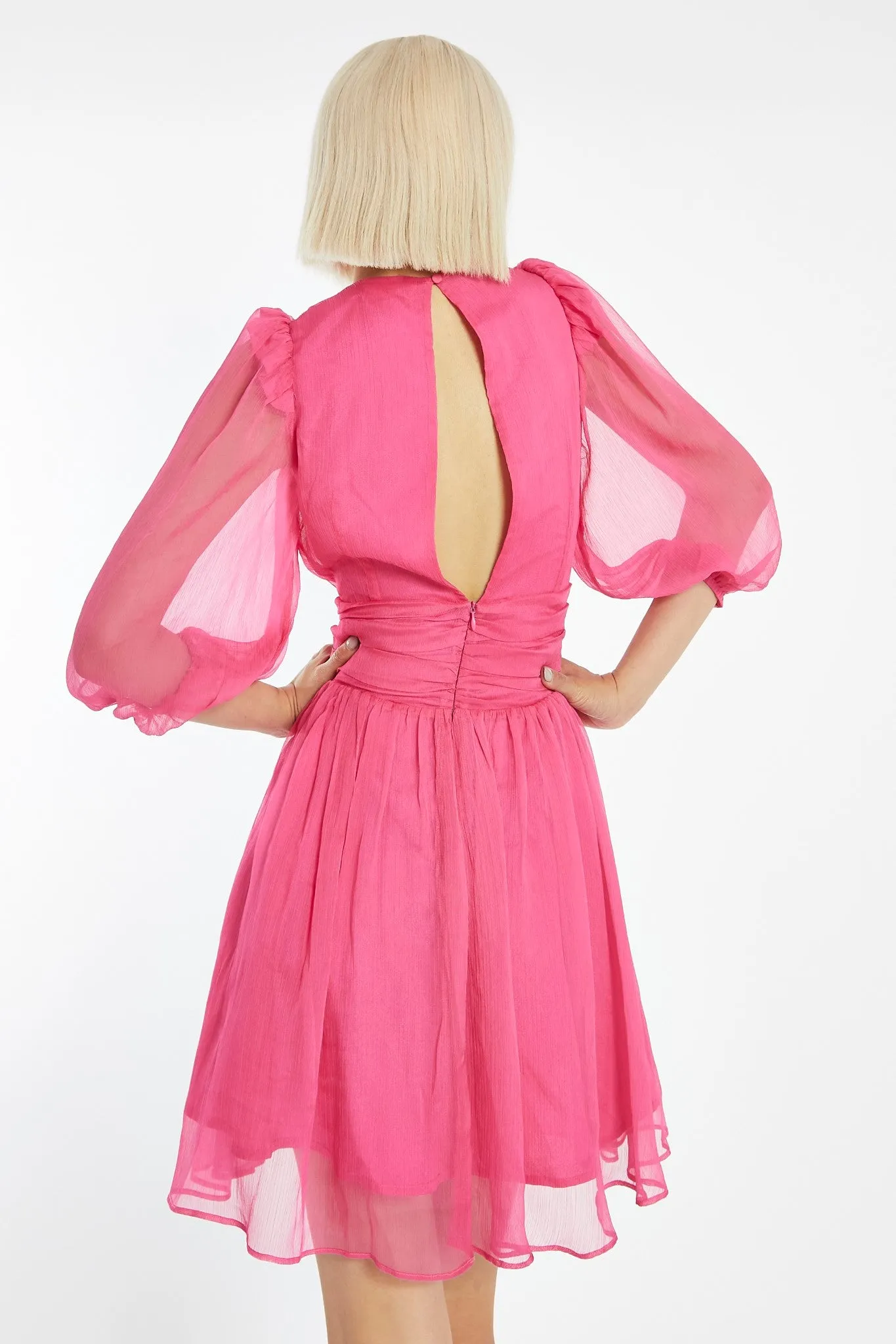 Bright-Pink Gathered Plunge Puff Sleeve Mini-Dress