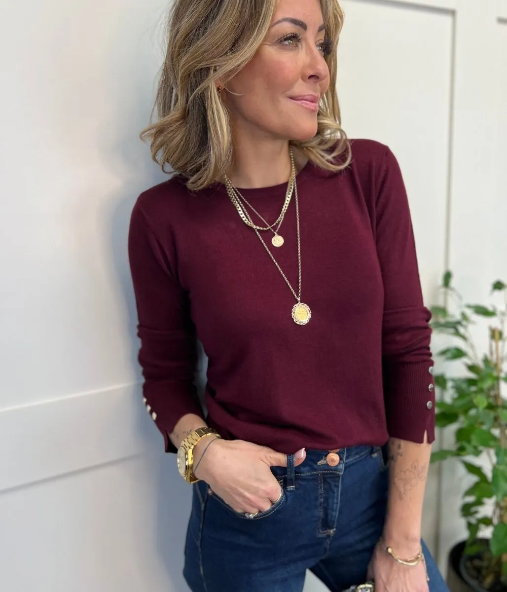 Burgundy Fine Knit Button Cuff Jumper