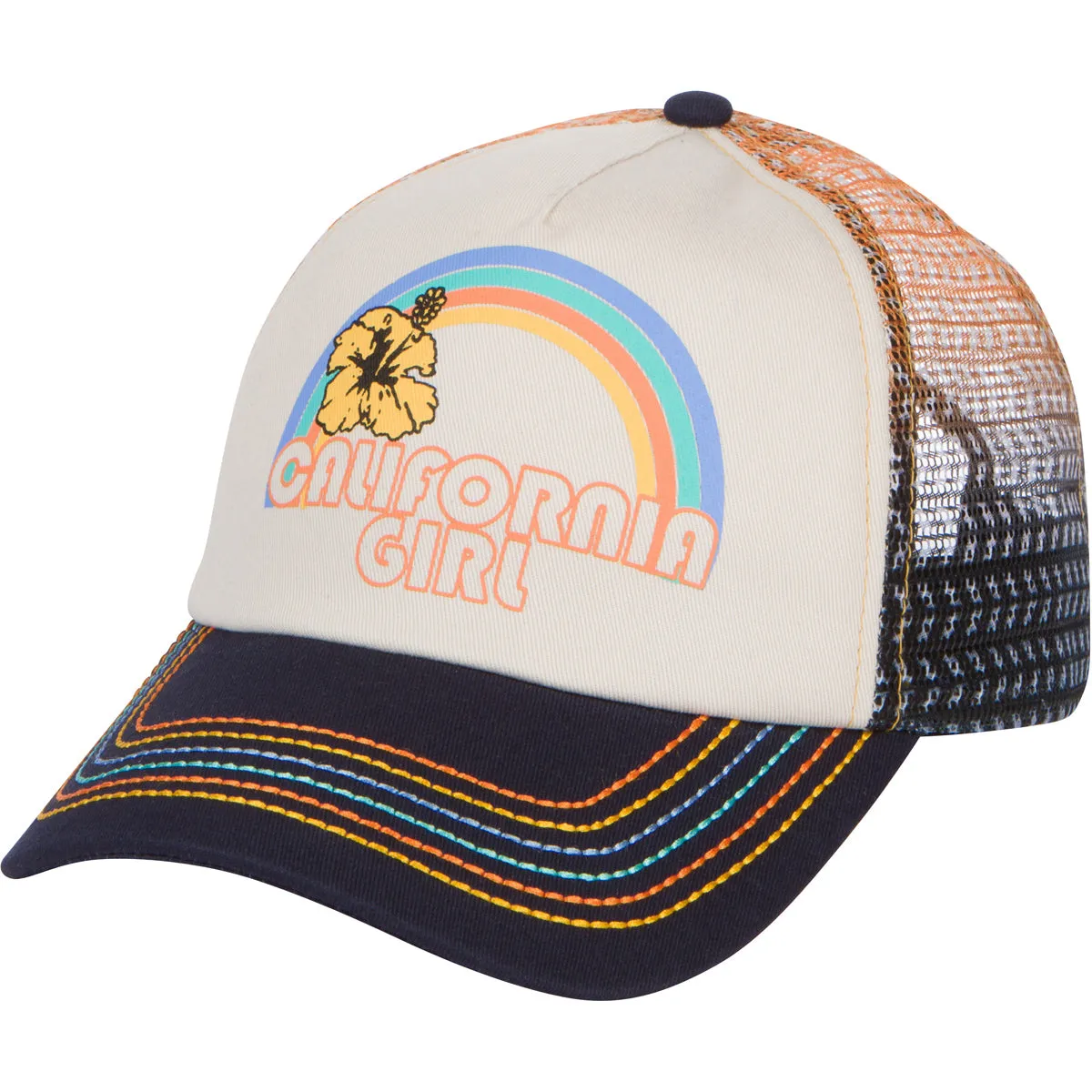 California Girl Trucker Snapback Hat - Vintage Cream with Rainbow Stitching