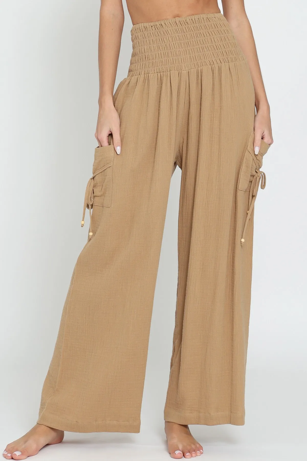 CAMEL PANTS WITH SMOCKED WAISTBAND AND SIDE POCKETS